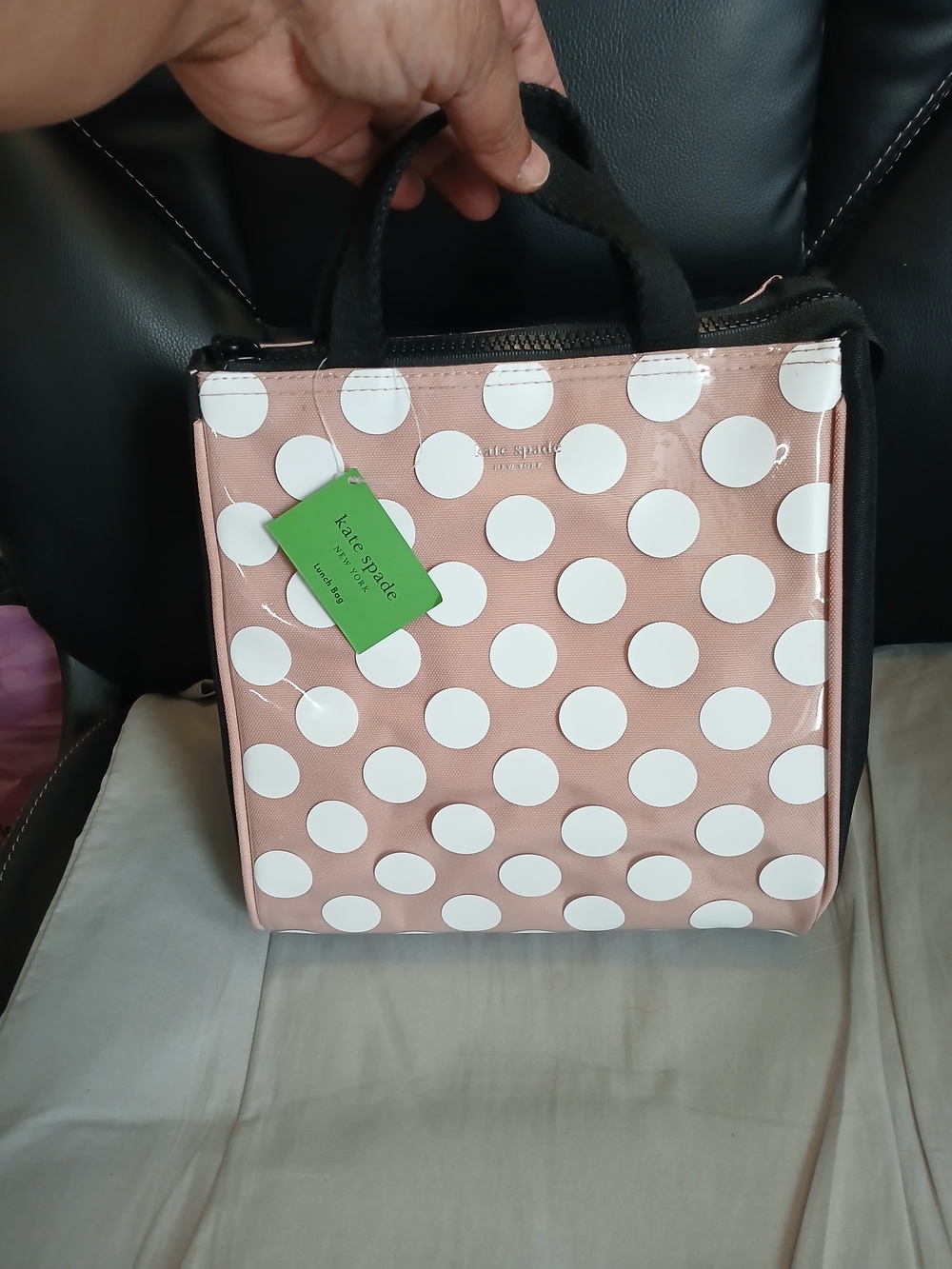 Kate Spade New York Tan & Black Insulated Tote Bag With White Polka Dots